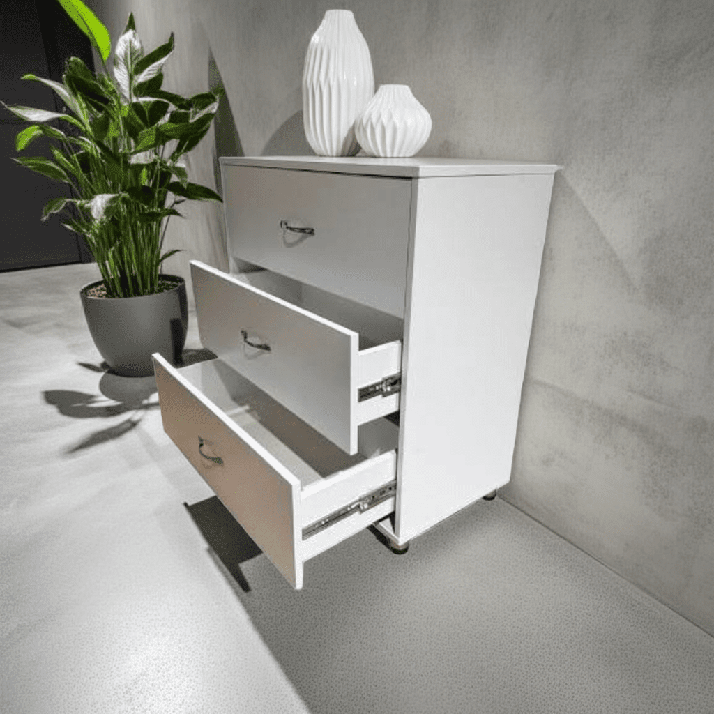 Comodă albă cu 3 sertare, design compact, 8681SM 3S/FI/ME