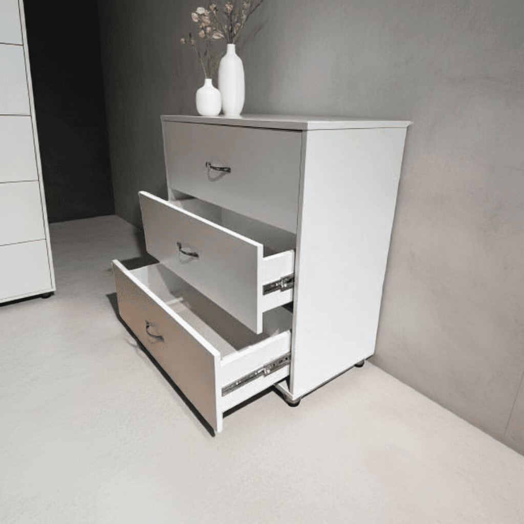 Comodă albă cu 3 sertare – model compact cu soft-close, 8681SM 3S/FI/ME/SOFT